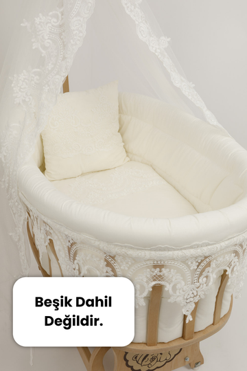 Ahşap Sepet Beşik 2.60 cm Krem Fransız Dantelli Uyku Seti, Tam Takım, Beşik Dahil Değildir (Kopya)