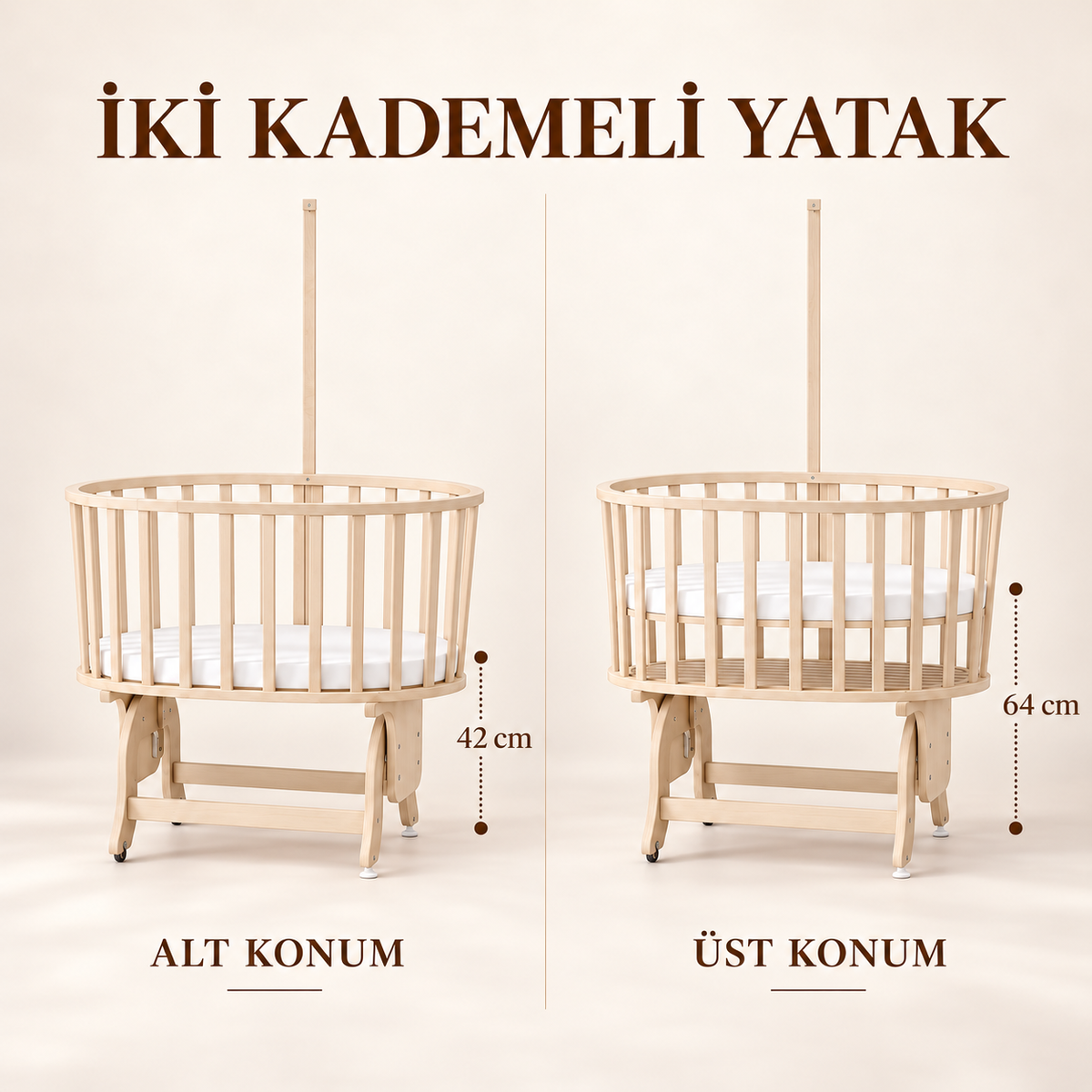 Amedan Kavak Ağacı Sepet Beşik – Sallanan, Tekerlekli, Beyaz Fransız Dantelli Uyku Setli