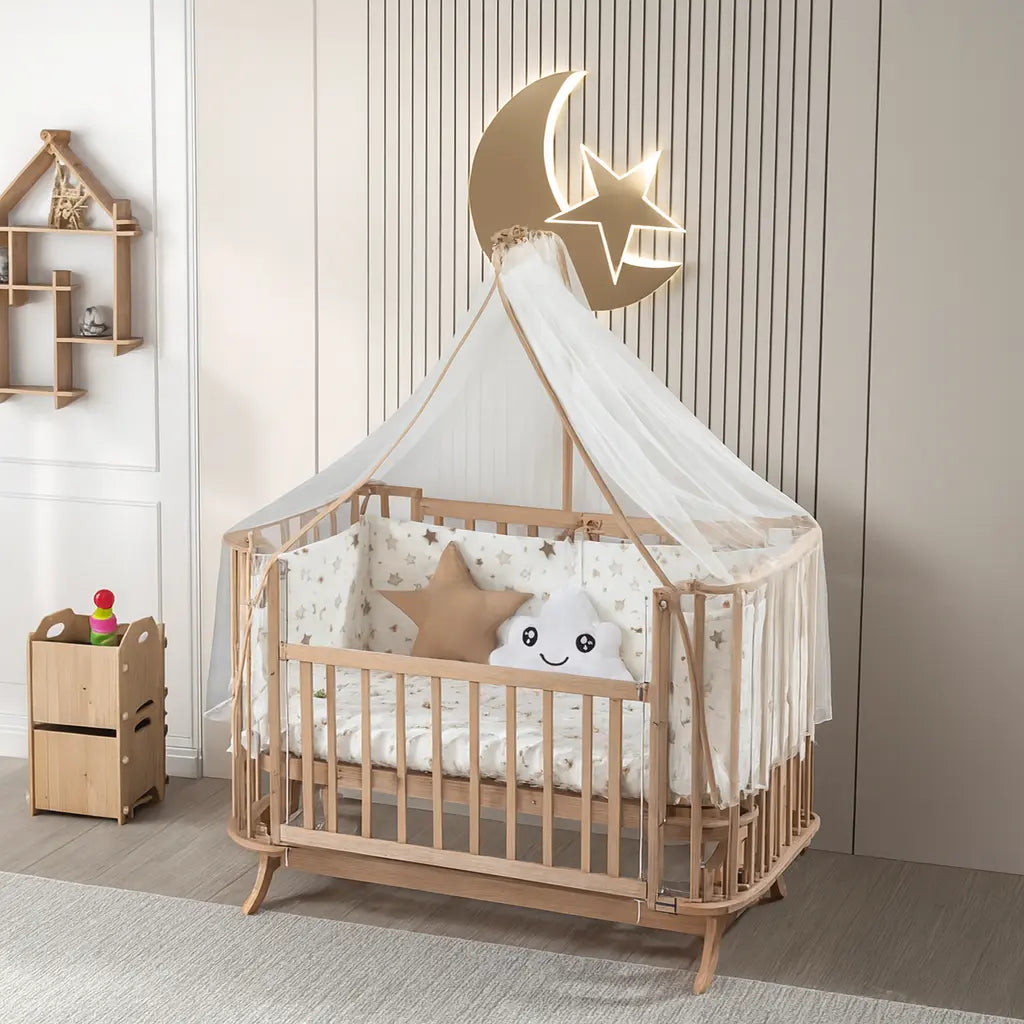 Mabela Ahşap Anne Yanı Bebek Beşiği, Kademeli, Sallanabilir, 72x124