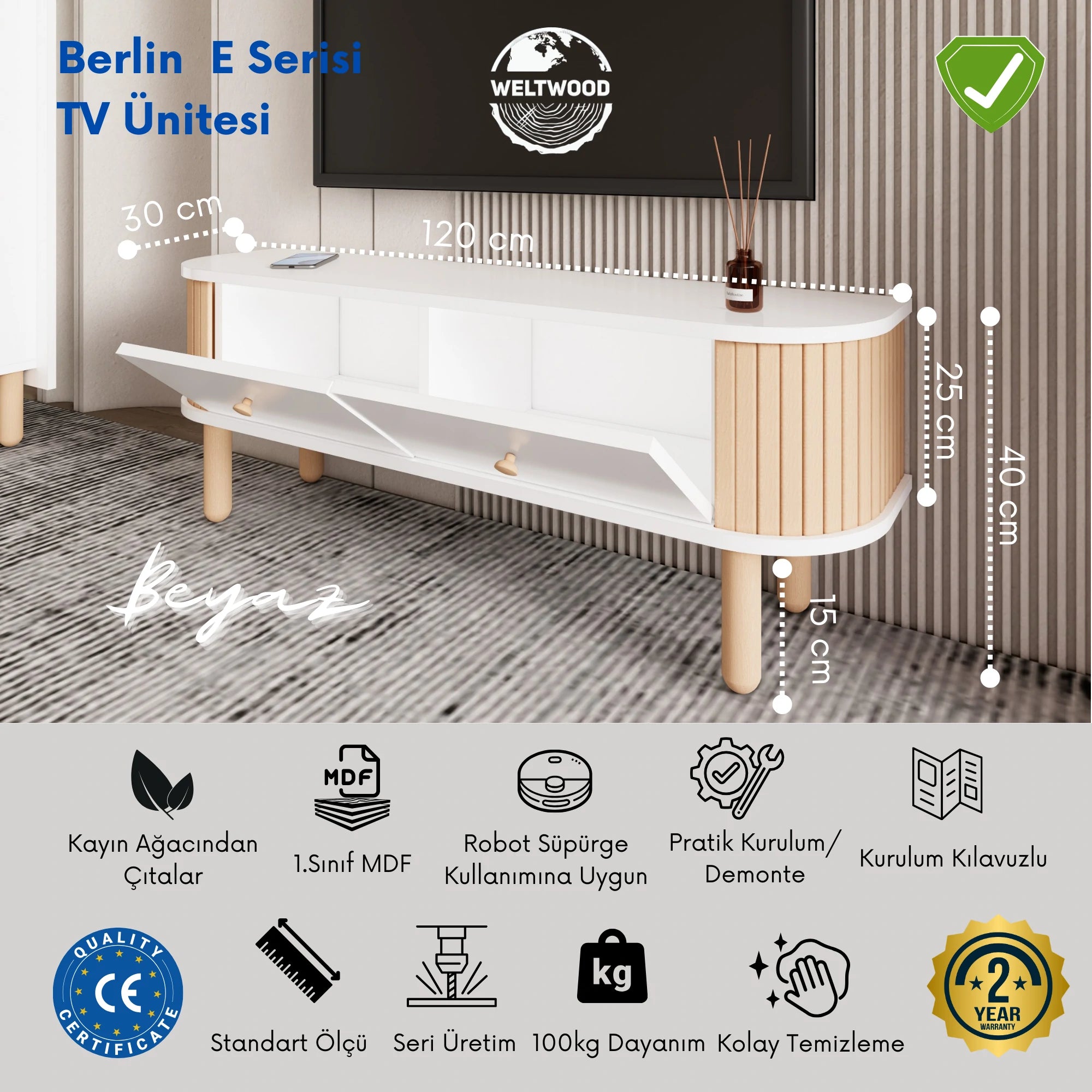 Berlin Bohem Stil TV Ünitesi, Kayın Ağaç Çıtalar, Modern TV Sehpası