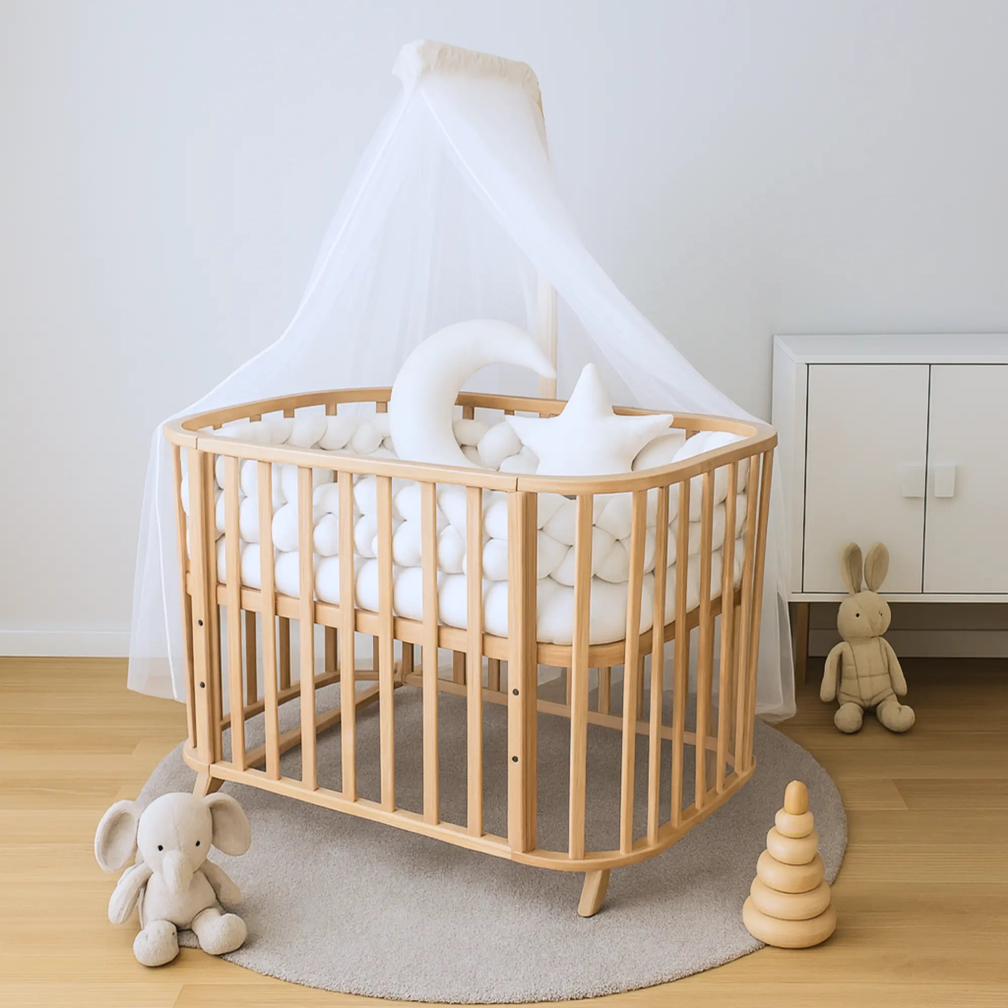 Mabela Ahşap Anne Yanı Bebek Beşiği, Kademeli, Sallanabilir, 72x124