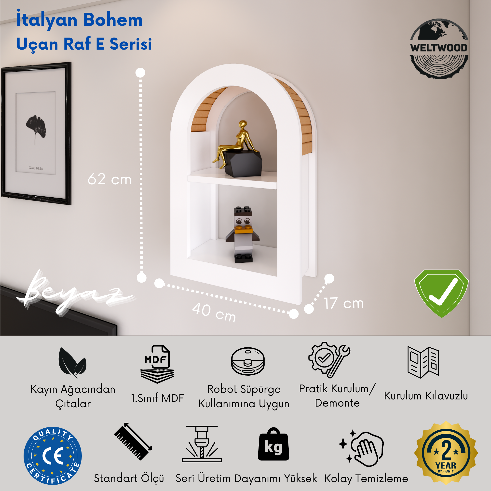 Bohem Duvar Rafı, Kayın Ağaç Çıtalı, Uçan Raf