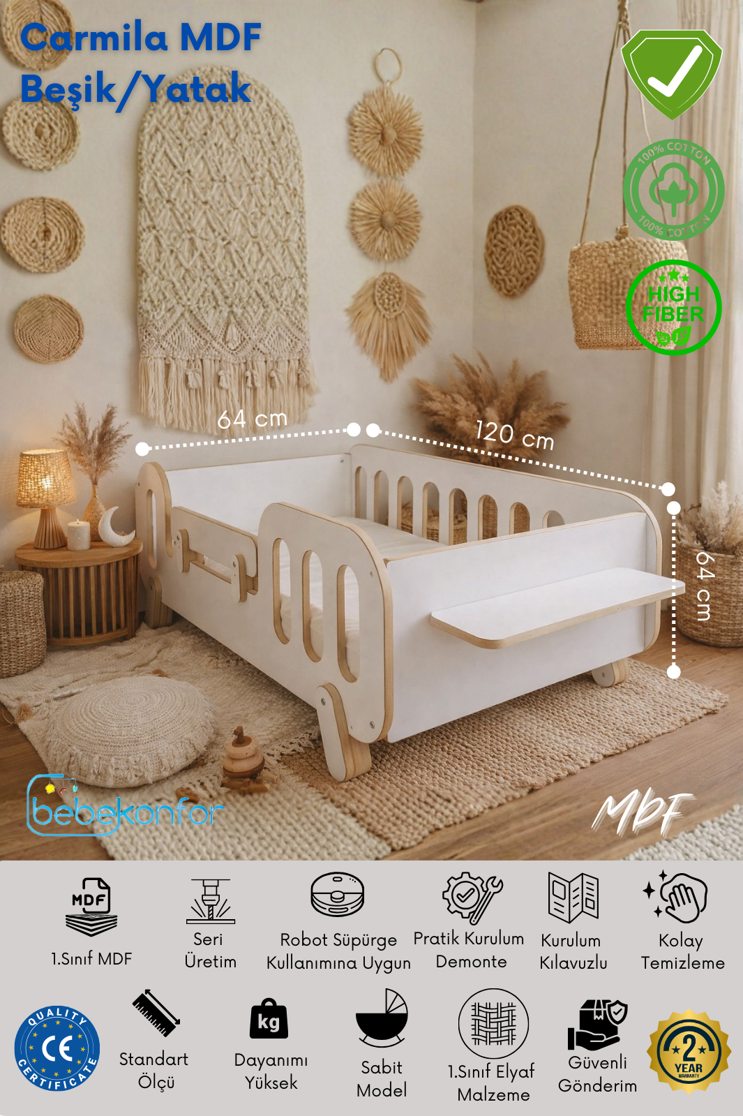 Carmila MDF Beşik / Yatak – Doğal, Güvenli ve Fonksiyonel Tasarım