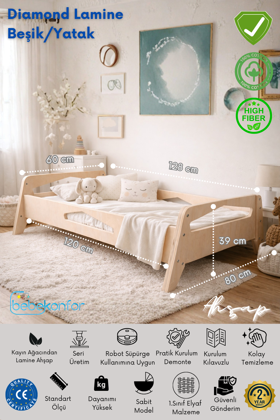 Diamond Lamine Beşik / Yatak | Yatak Hediyeli | Doğal Kayın Ahşap | 60x120 cm