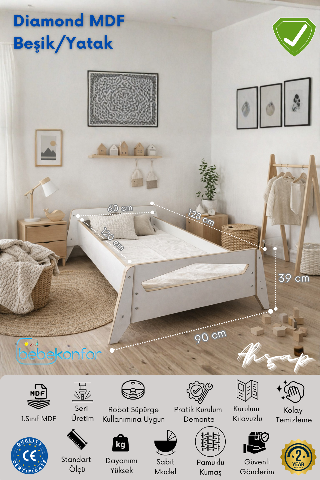 Diamond MDF Beşik / Yatak | Yatak Hediyeli | 60x120 cm