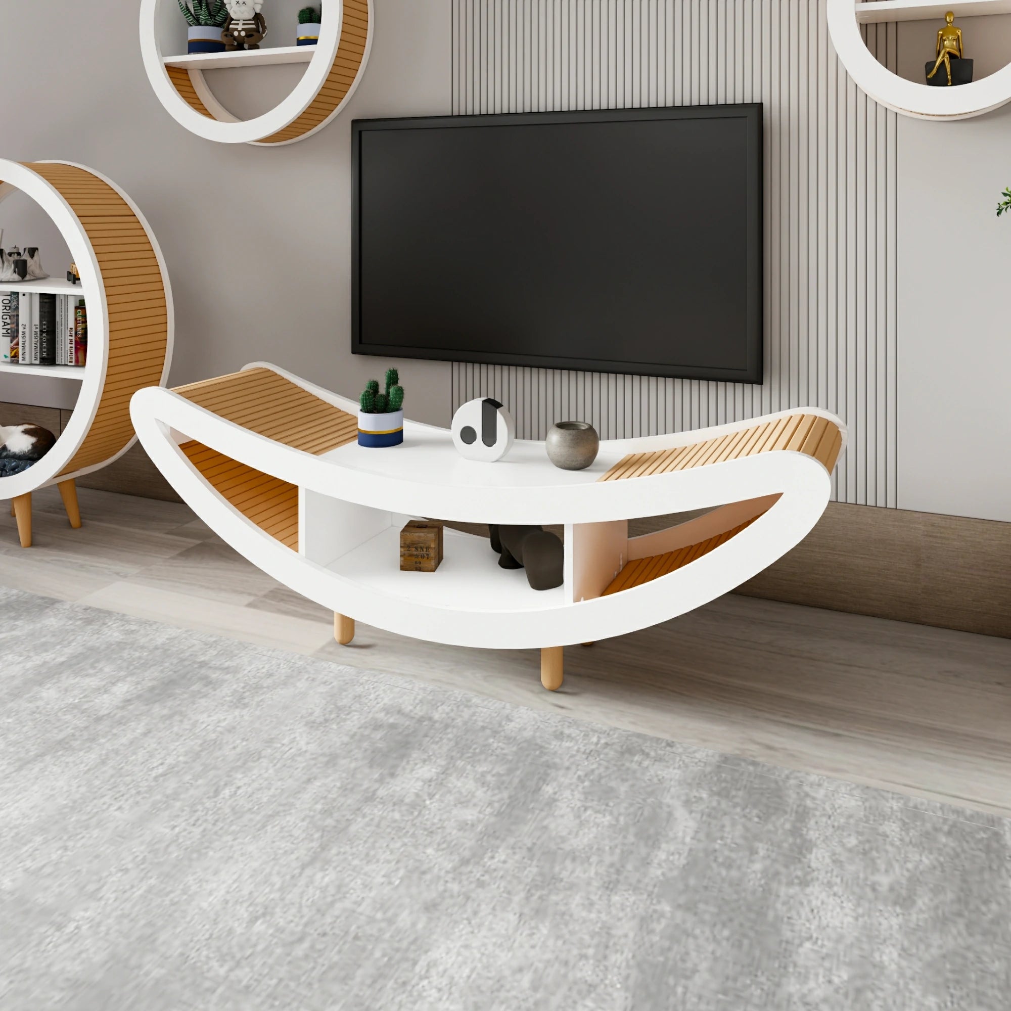 İskandinav Bohem Stil TV Ünitesi, Kayın Ağaç Çıtalar, Modern TV Sehpası