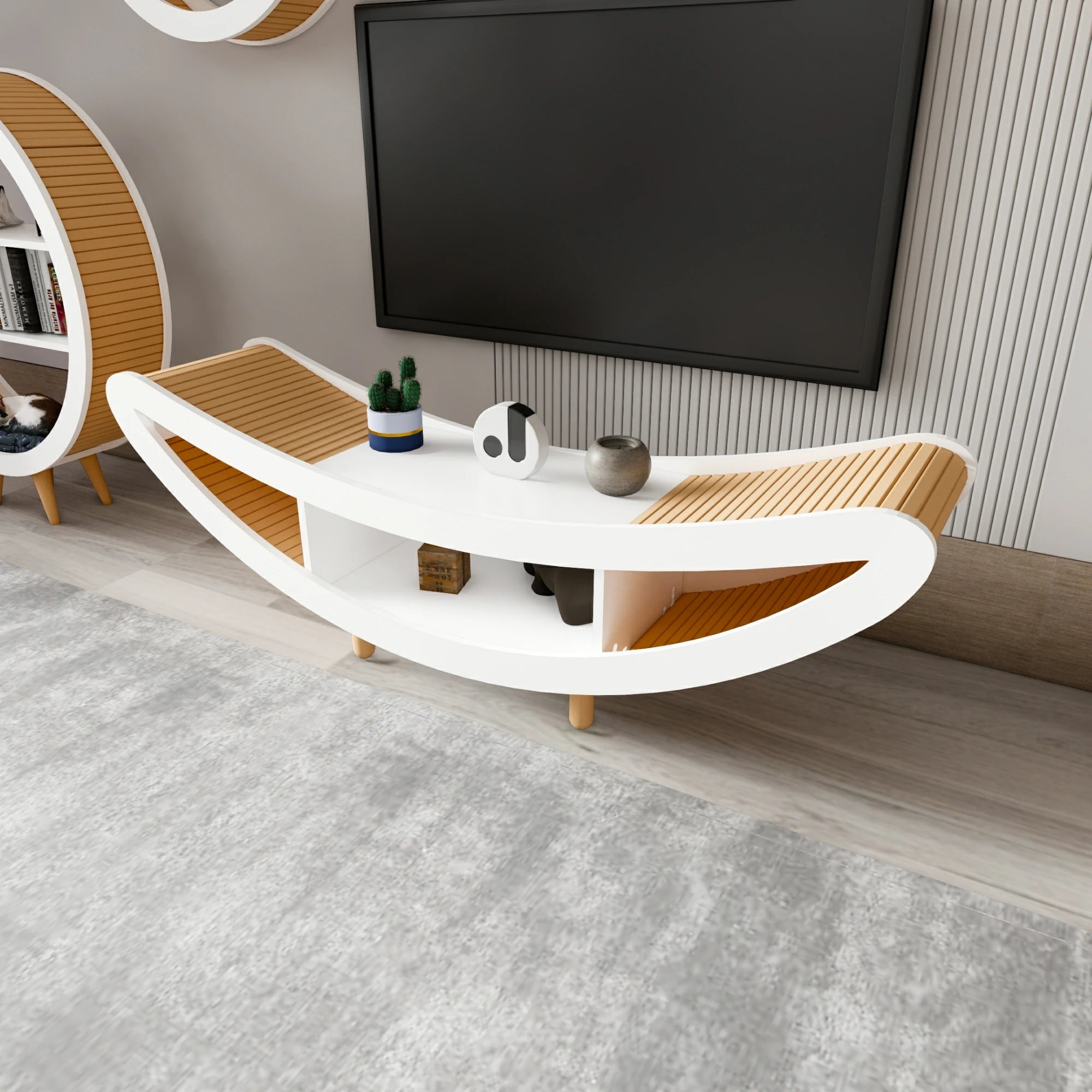 İskandinav Bohem Stil TV Ünitesi, Kayın Ağaç Çıtalar, Modern TV Sehpası