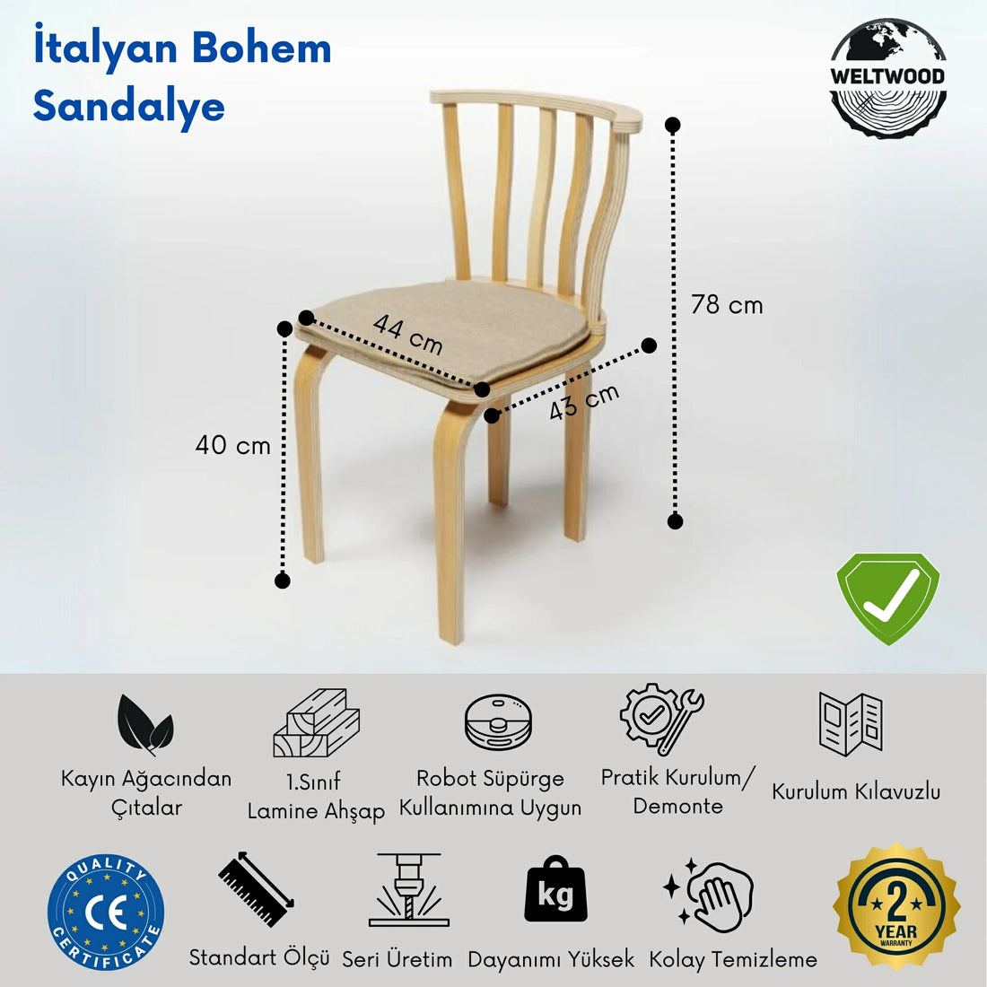 İtalyan Bohem Ahşap Sandalye, Yemek Masa Sandalyesi