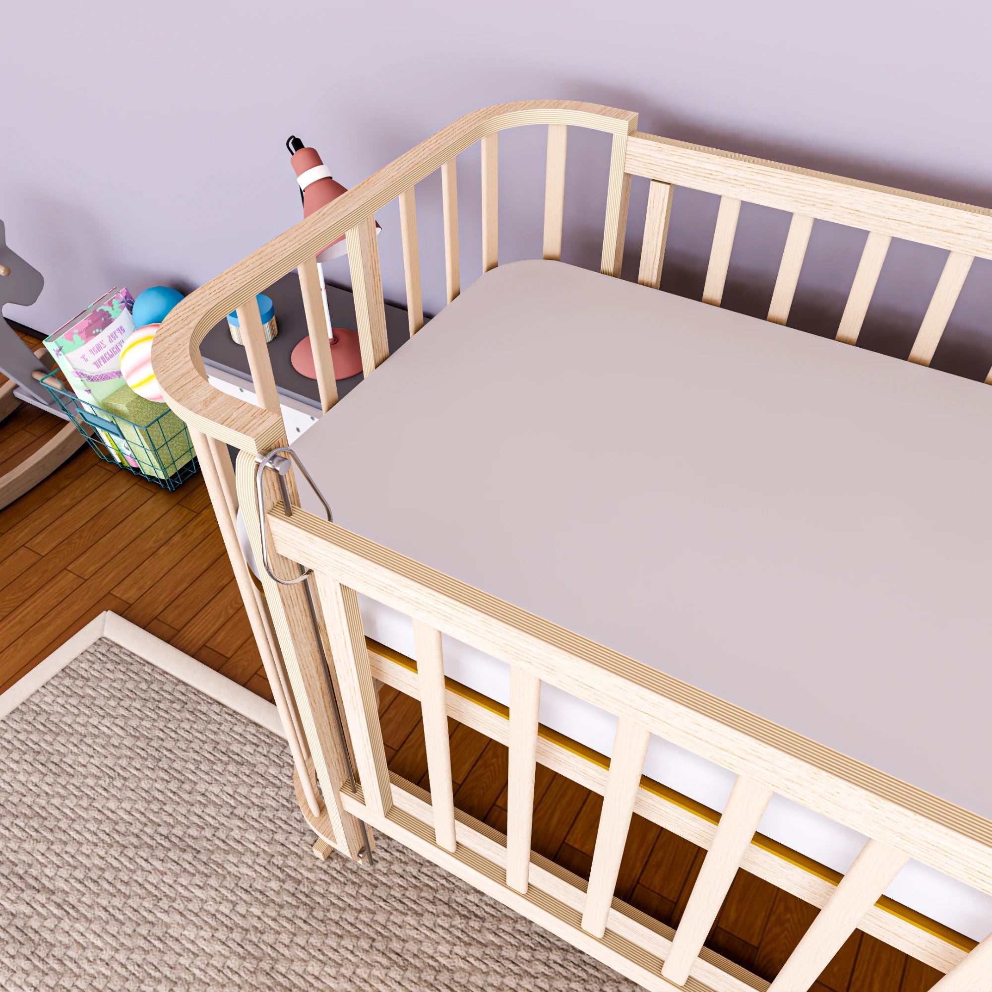 Mabela Ahşap Anne Yanı Bebek Beşiği, Kademeli, Sallanabilir, 72x124