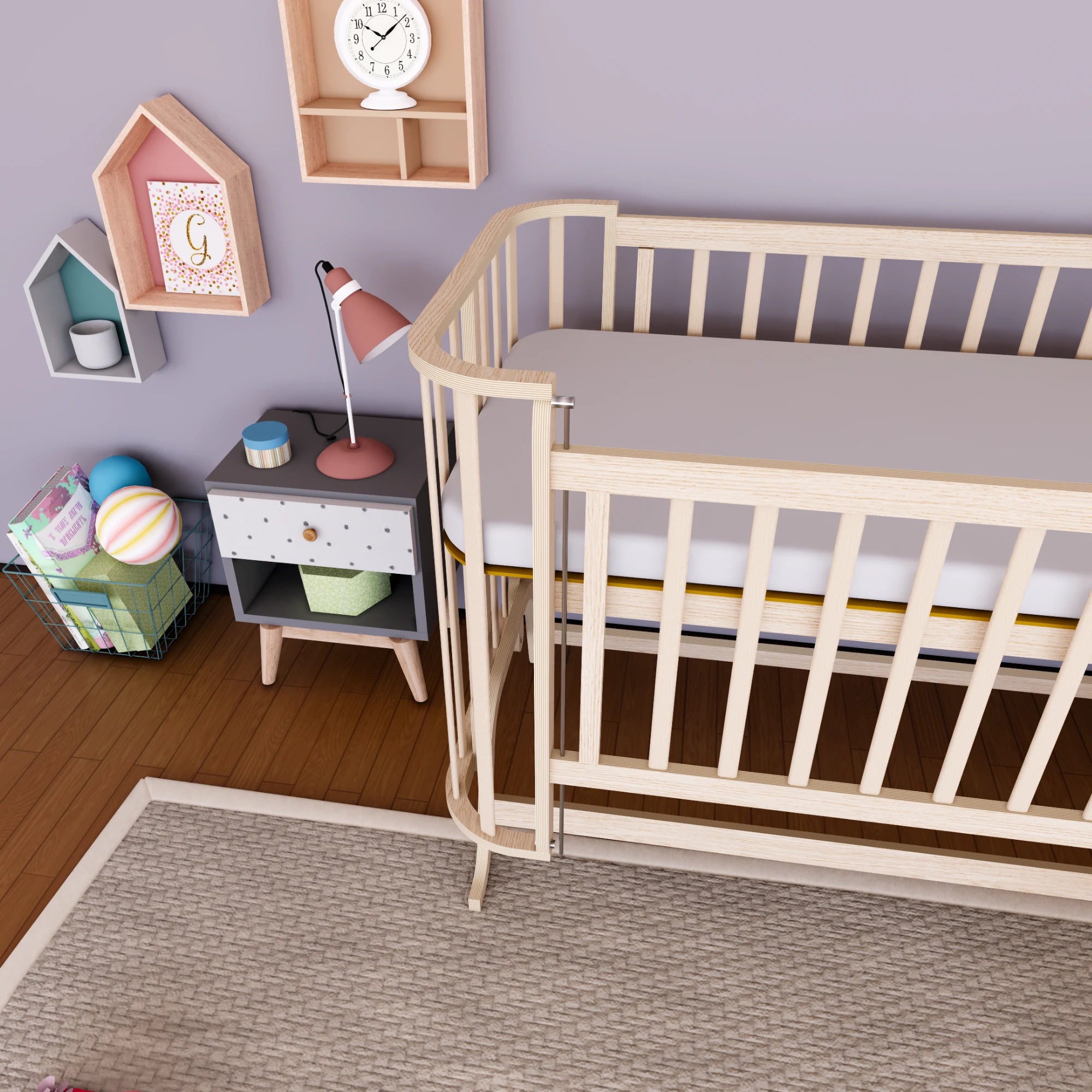 Mabela Ahşap Anne Yanı Bebek Beşiği, Kademeli, Sallanabilir, 72x124