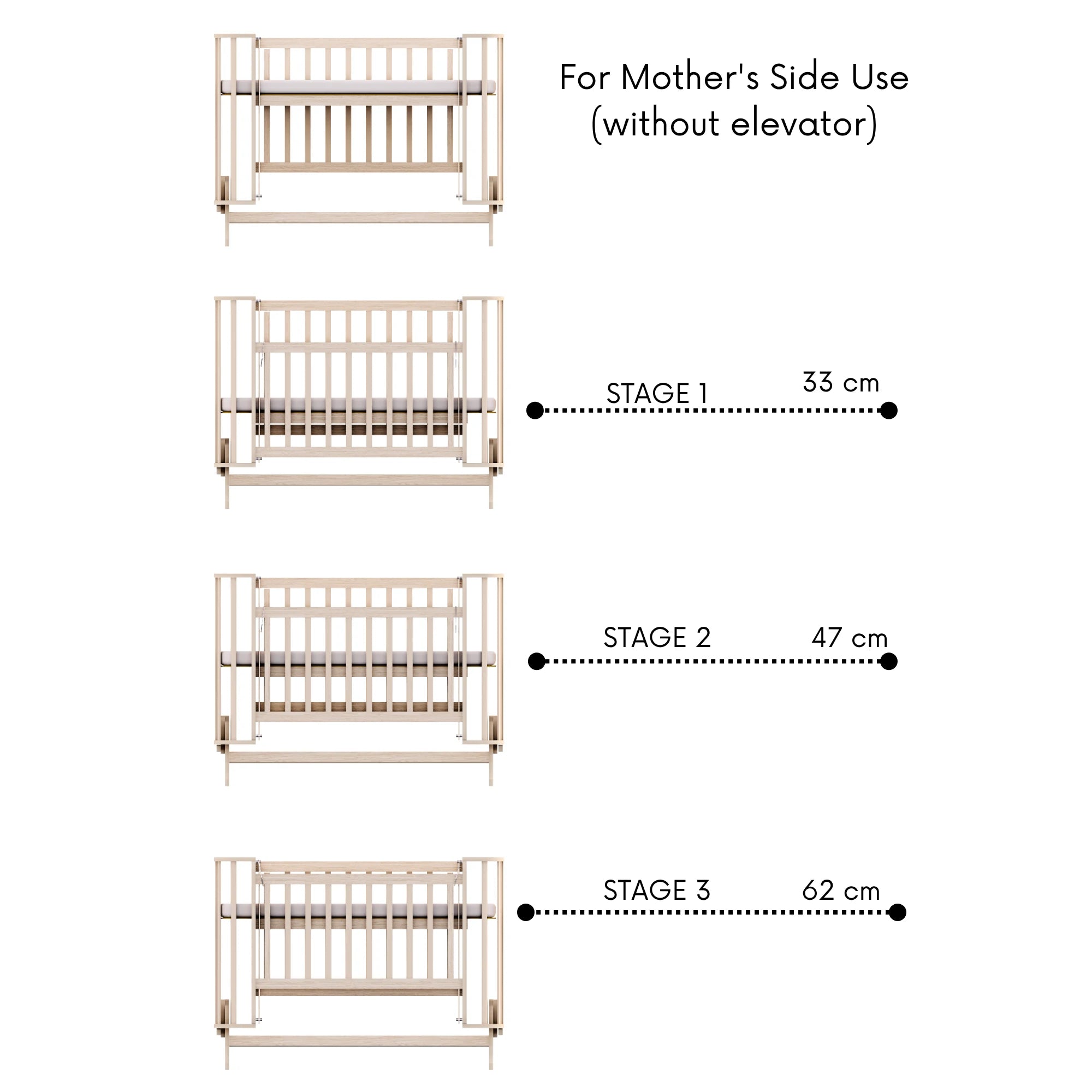 Mabela Ahşap Anne Yanı Bebek Beşiği, Kademeli, Sallanabilir, 72x124
