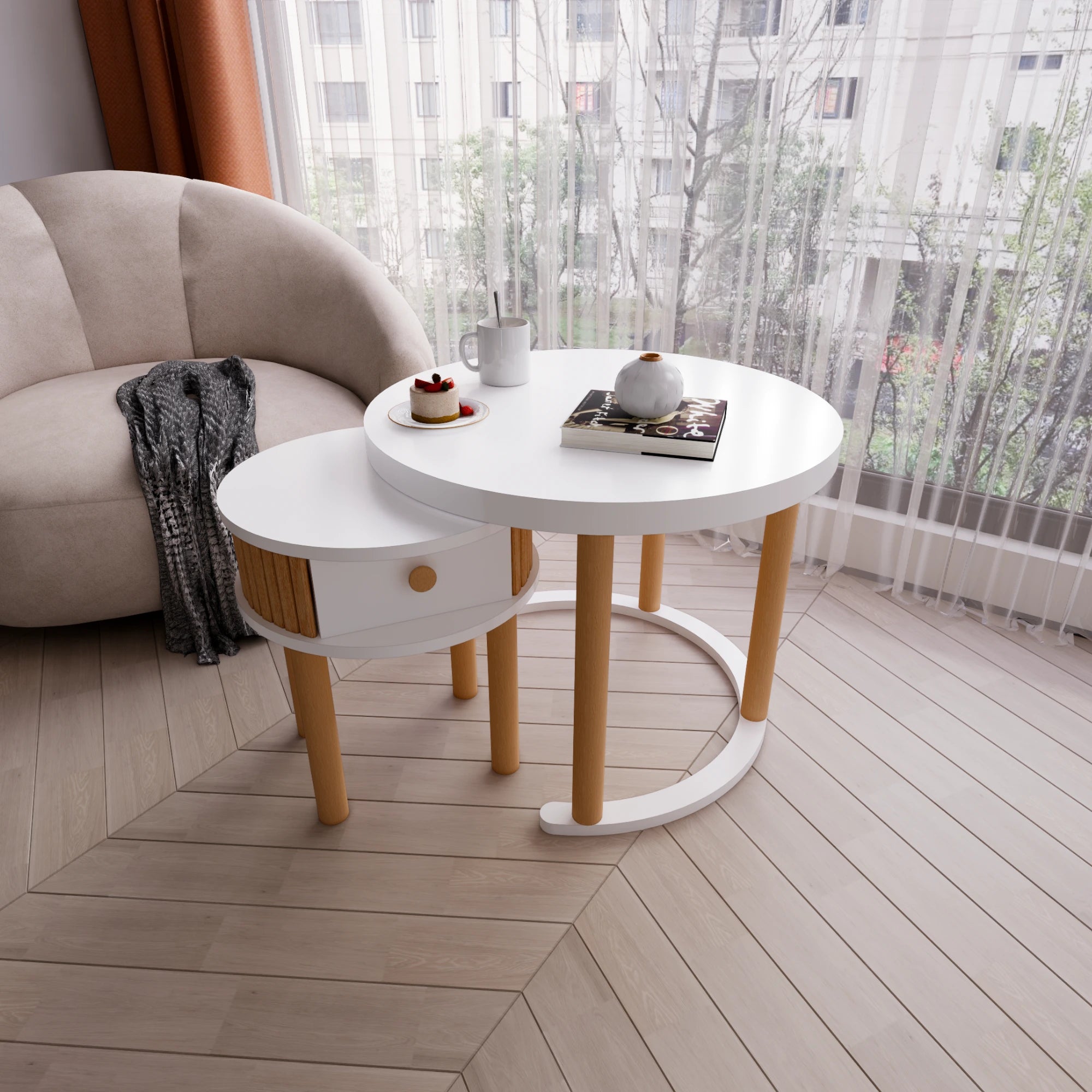 2'li Orta Sehpa Takımı, Çekmeceli Beyaz Set, %100 Mdf, Cilalı Kayın Çitalı