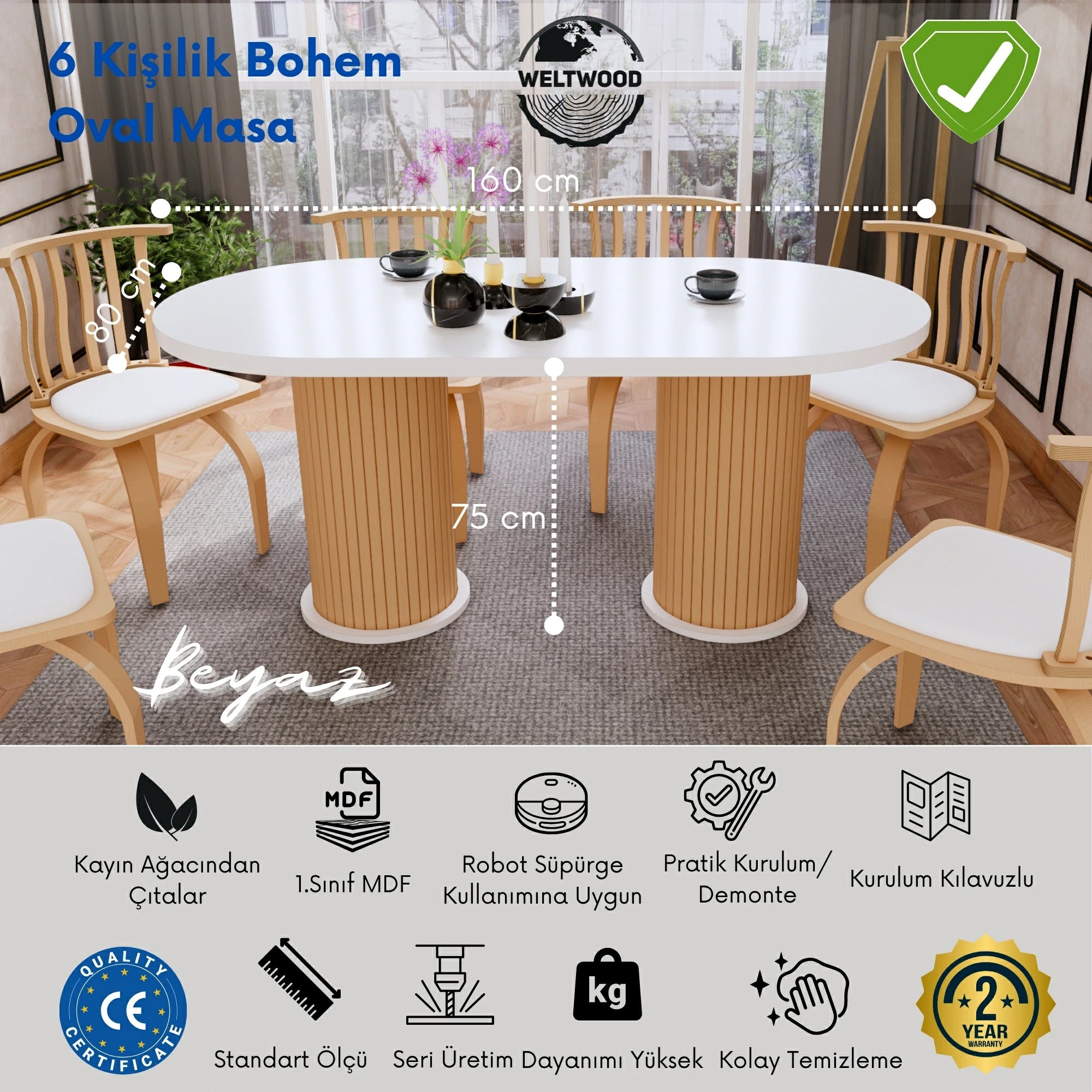 Oval Yemek Masası, 6 Kişilik Bohem Stili Yemek Masası