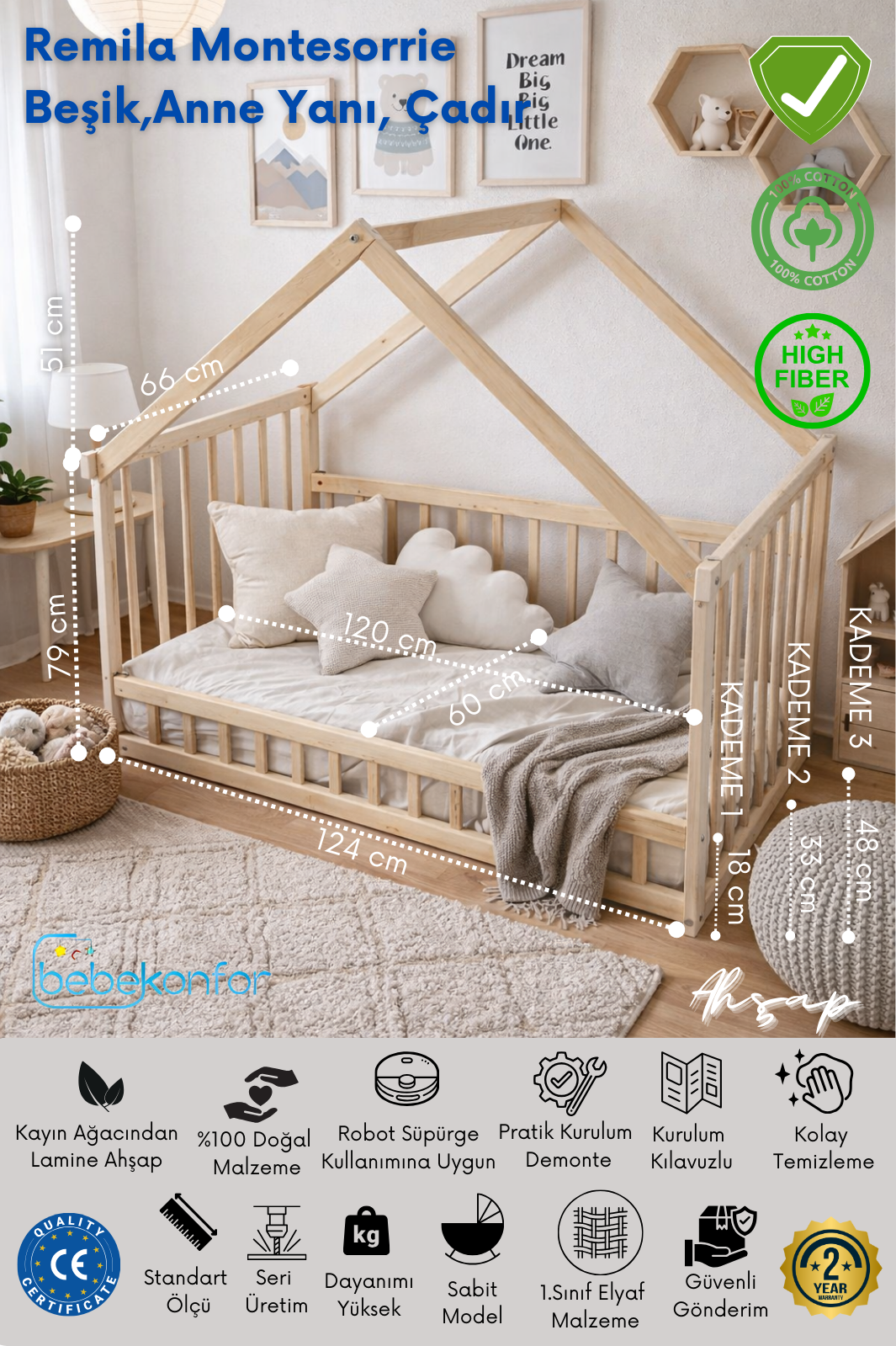 Remila Montessori Anne Yanı Beşik  Doğal Kayın Ahşap | Güvenli, Konforlu ve Fonksiyonel