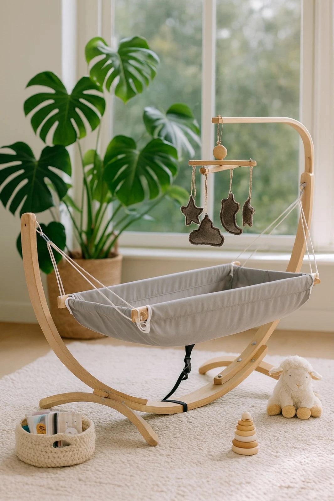Ahşap Bebek Hamağı Sallanabilir-Sabitlenebilir Oyuncaklı