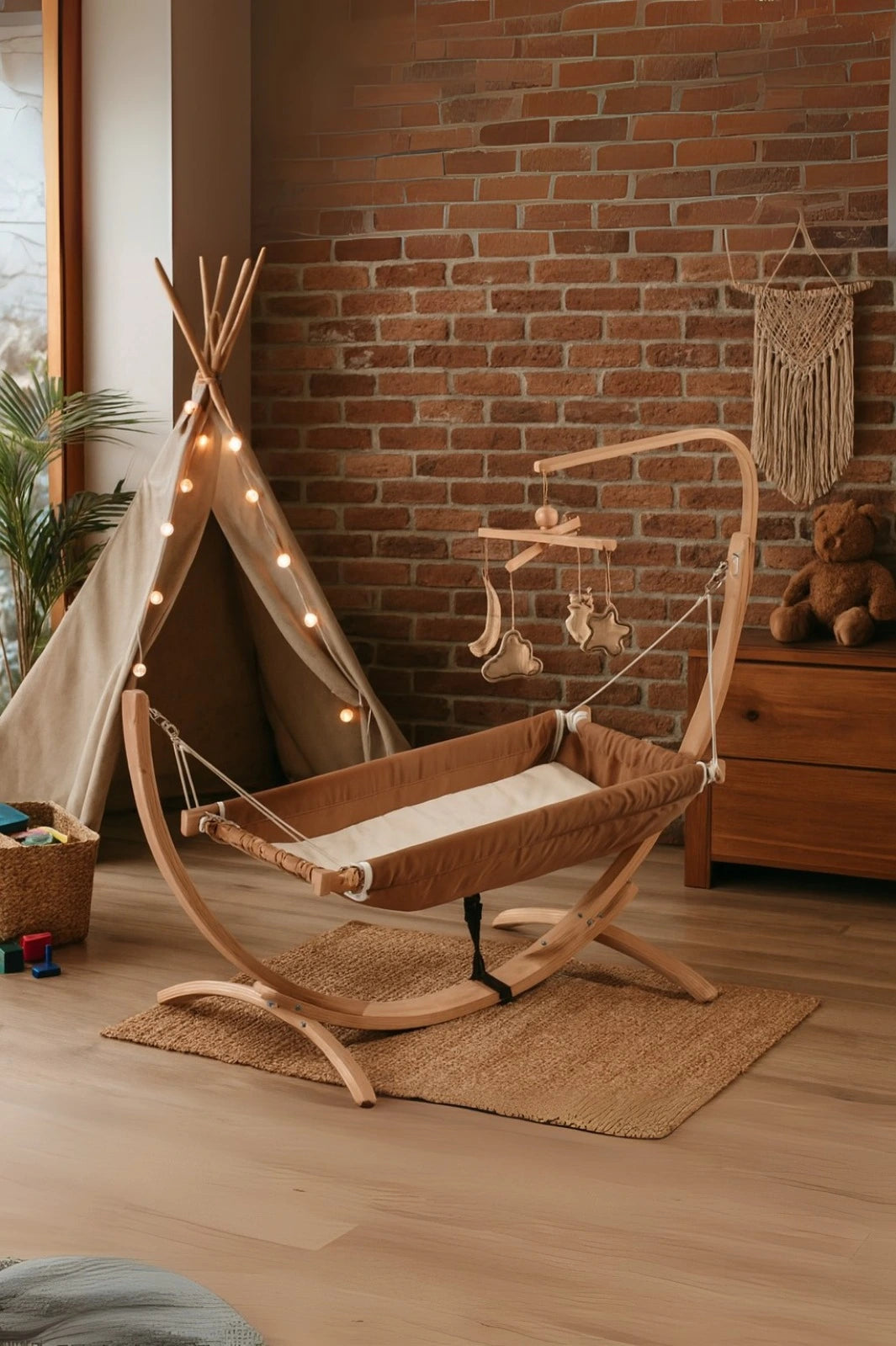 Ahşap Bebek Hamağı Sallanabilir-Sabitlenebilir Oyuncaklı