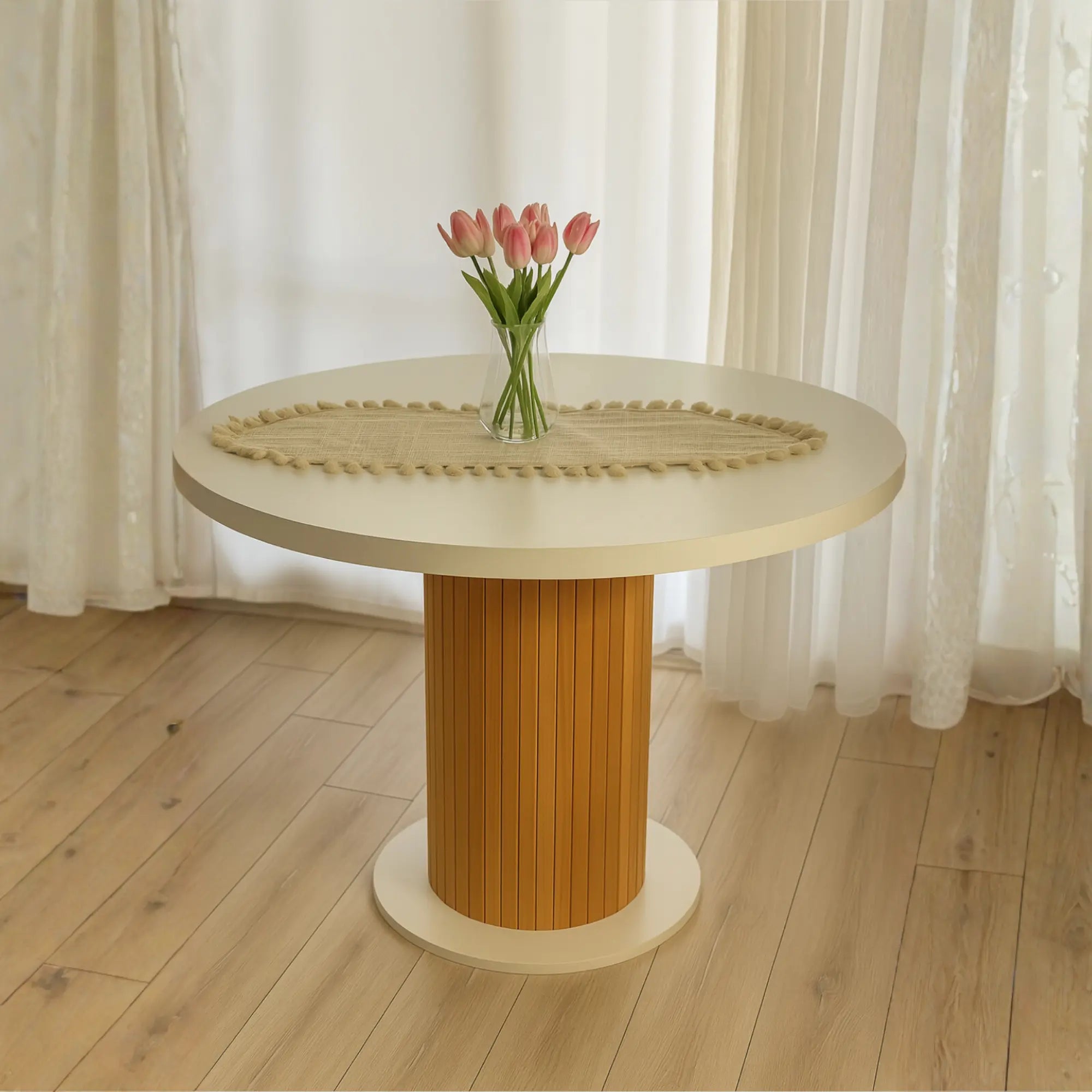 4 Kişilik İskandinav Beyaz Renkli Sandalye Setli Yuvarlak Yemek Masası, Bohem Stil (4 Sandalye Dahil)