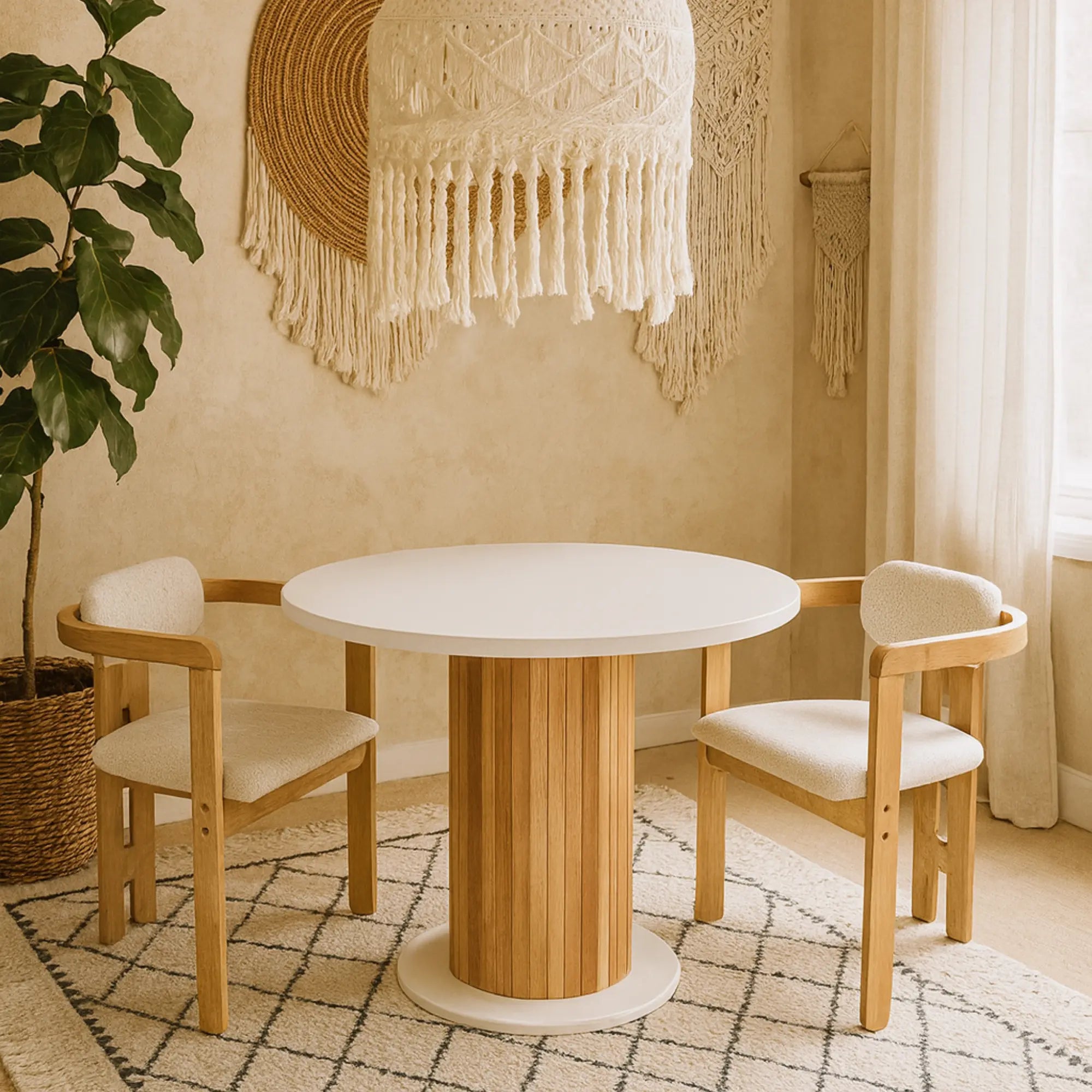 4 Kişilik İskandinav Beyaz Renkli Sandalye Setli Yuvarlak Yemek Masası, Bohem Stil (4 Sandalye Dahil)