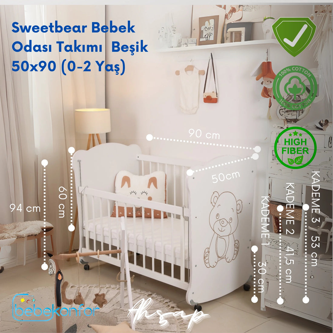 Sweetbear 60x120 Ahşap Bebek Beşiği, 0-5 Yaş, Kademeli, Tekerlekli, Güvenli Uyku Alanı
