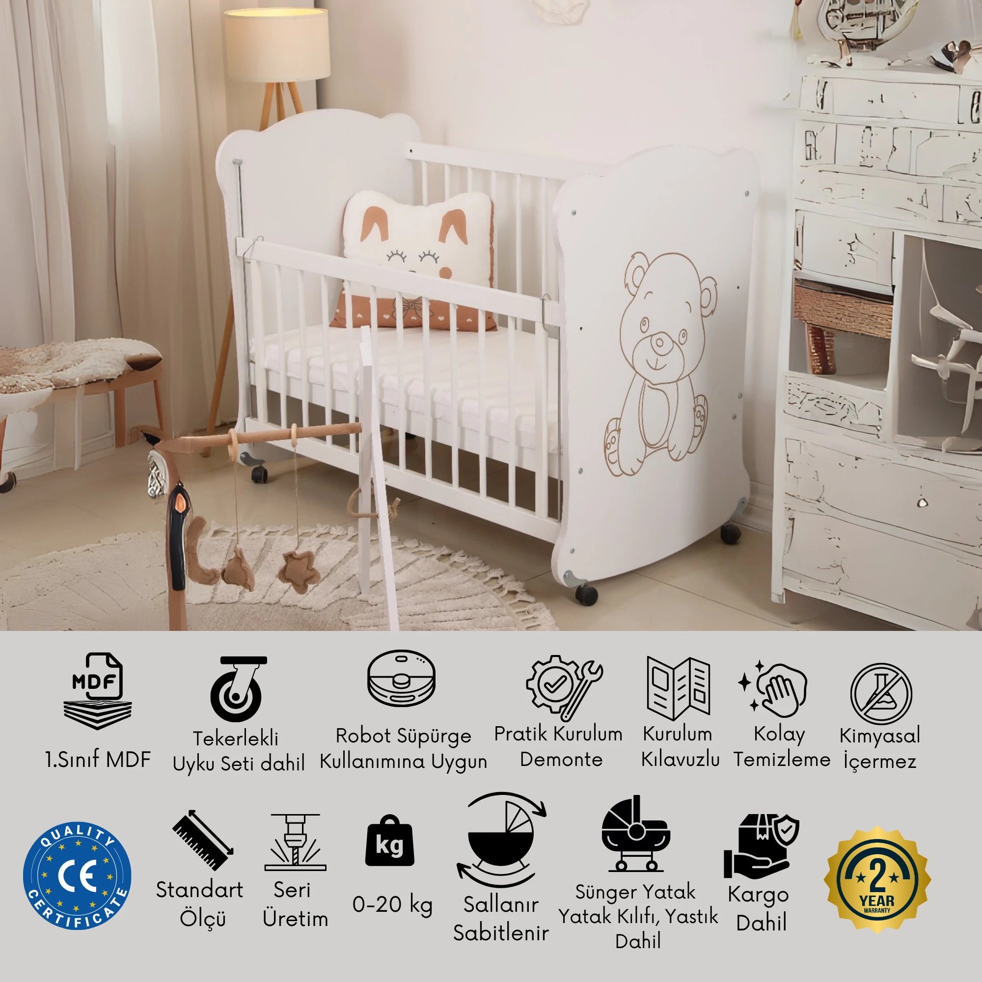 Sweetbear 50x90 Ahşap Bebek Beşiği, 0-2 Yaş, Tekerlekli, Güvenli Uyku Alanı