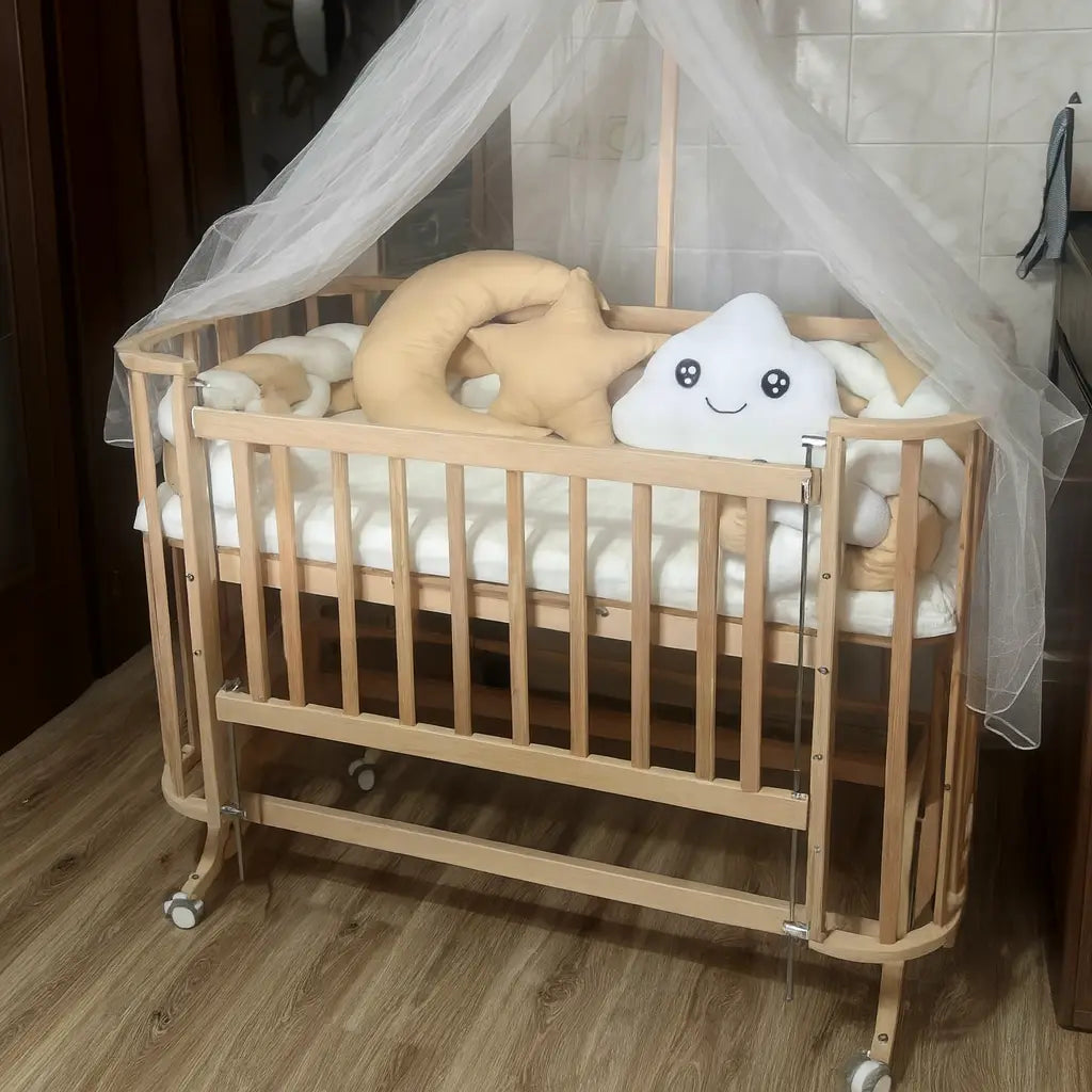 Mabela Ahşap Anne Yanı Bebek Beşiği, Tekerlekli, Kademeli, Sallanabilir, 72x124