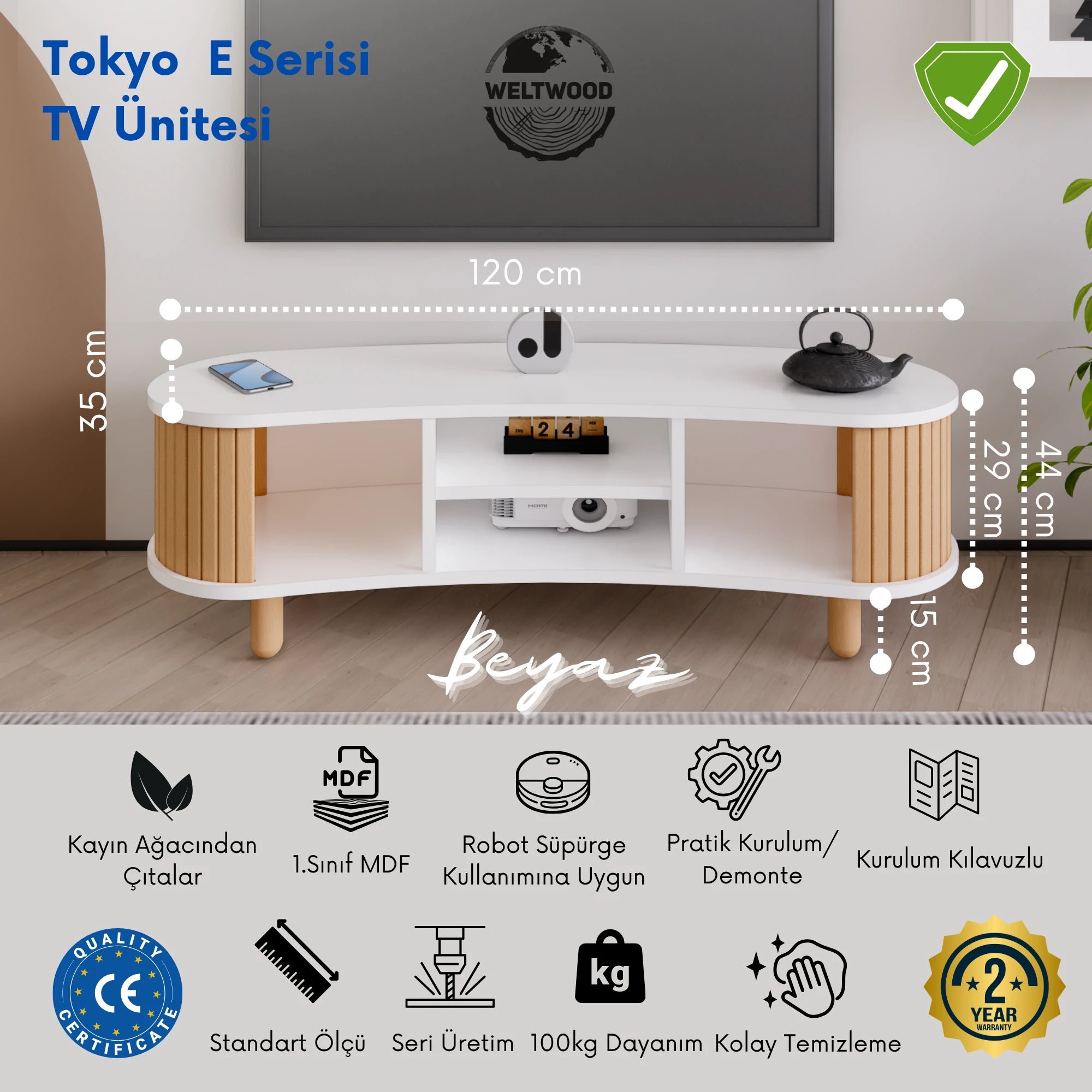 Tokyo Bohem Stil TV Ünitesi, Kayın Ağaç Çıtalar, Modern TV Sehpası