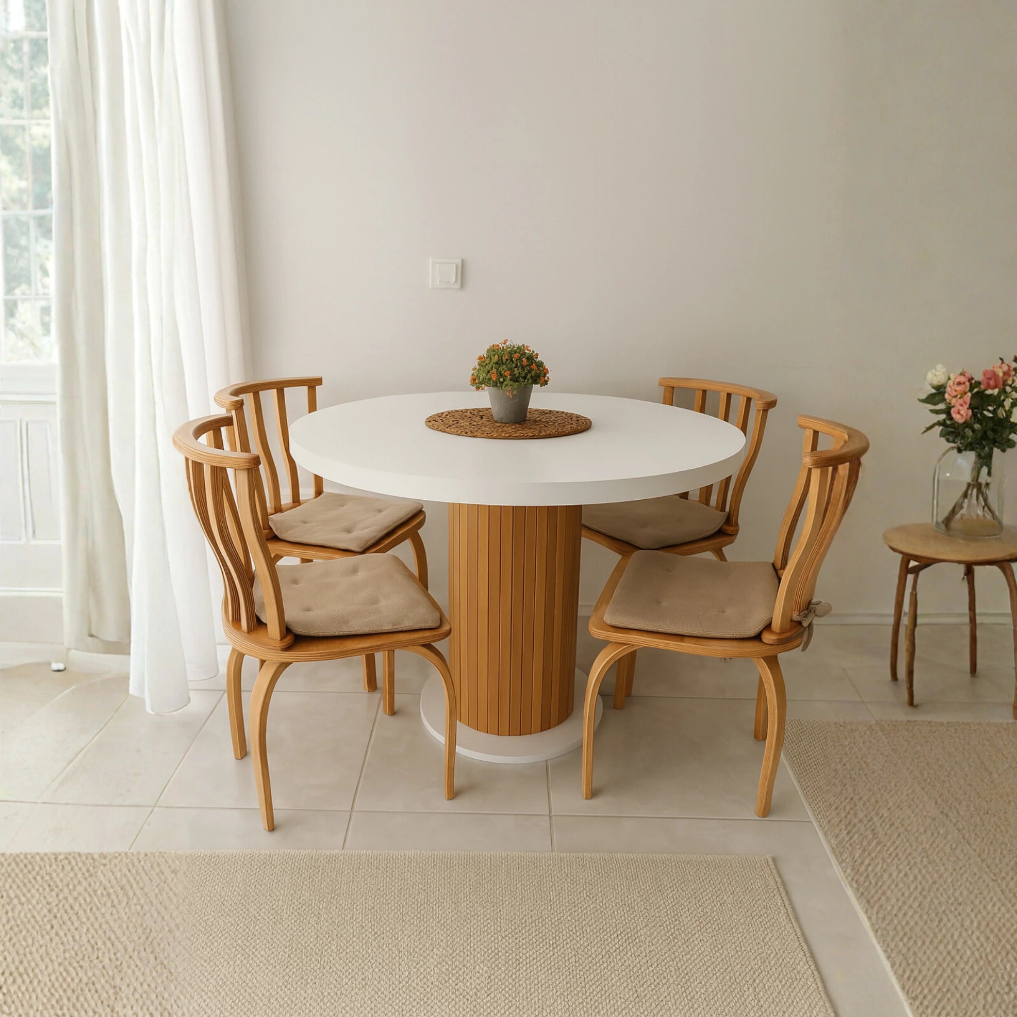 4 Kişilik İtalyan Beyaz Renkli Sandalye Setli Yuvarlak Yemek Masası, Bohem Stil (4 Sandalye Dahil)