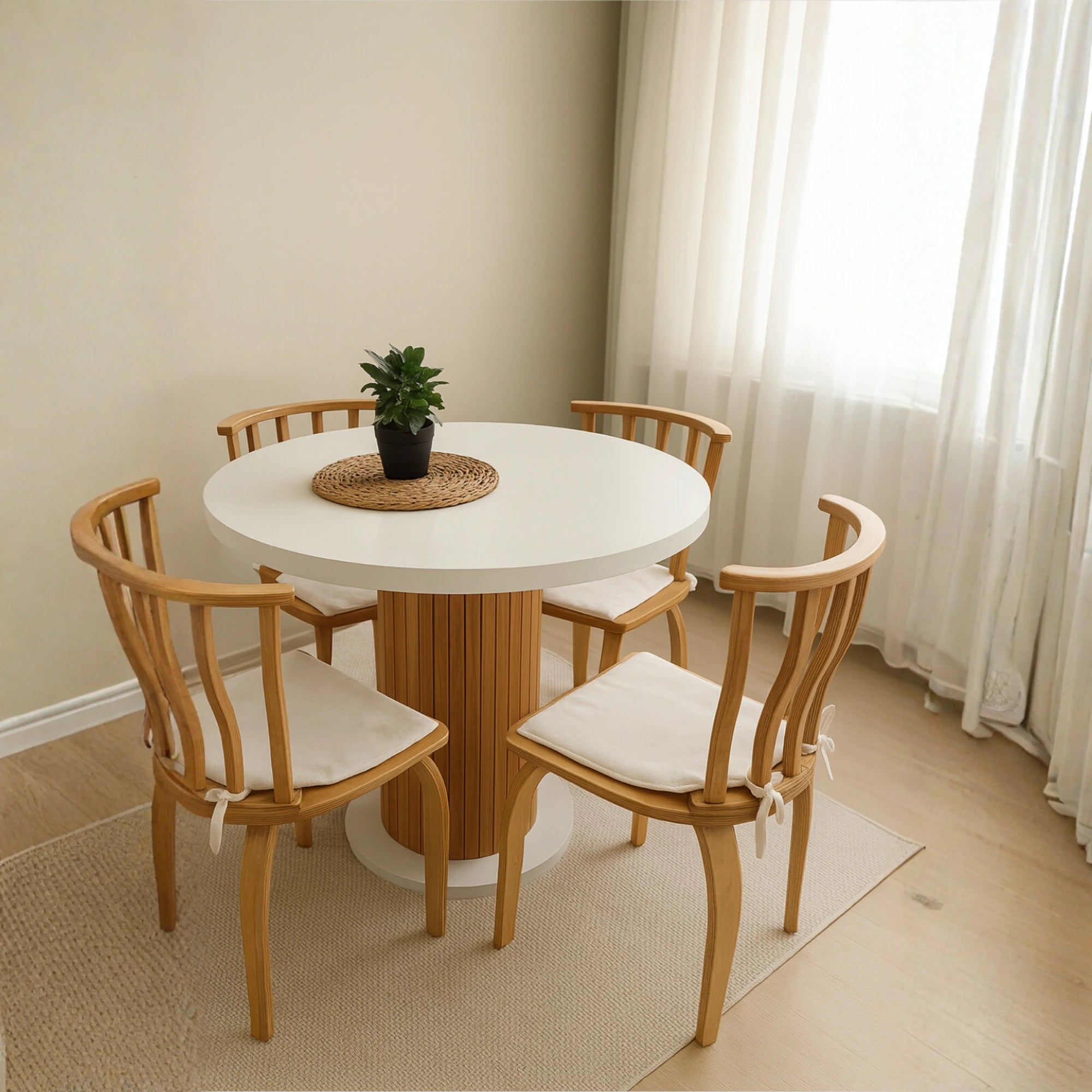 4 Kişilik İtalyan Beyaz Renkli Sandalye Setli Yuvarlak Yemek Masası, Bohem Stil (4 Sandalye Dahil)