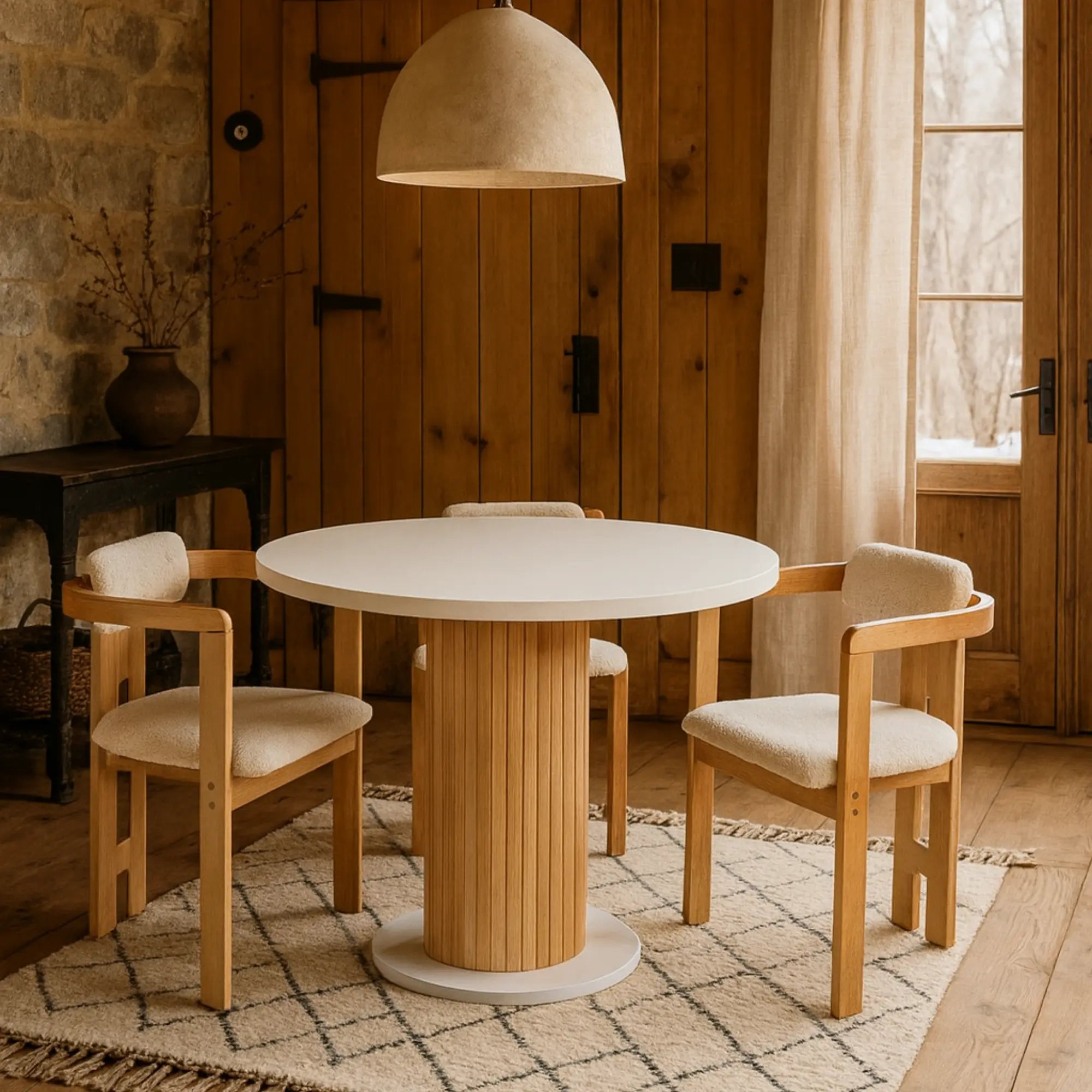 4 Kişilik İskandinav Beyaz Renkli Sandalye Setli Yuvarlak Yemek Masası, Bohem Stil (4 Sandalye Dahil)
