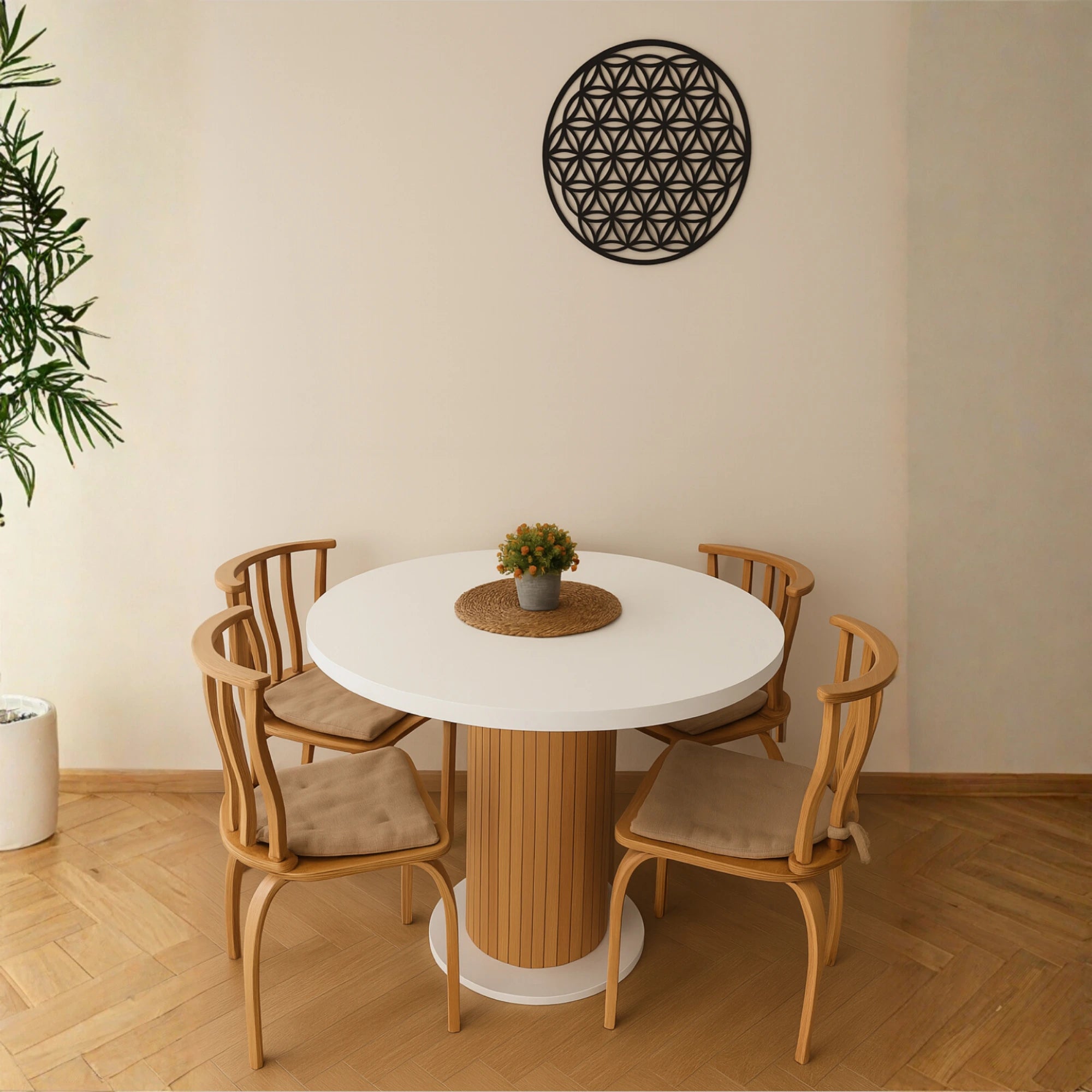 4 Kişilik İtalyan Beyaz Renkli Sandalye Setli Yuvarlak Yemek Masası, Bohem Stil (4 Sandalye Dahil)